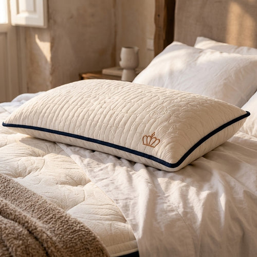 Almohada Imperial de Novaris acolchada en blanco, con ribete azul marino y corona bordada en cobre